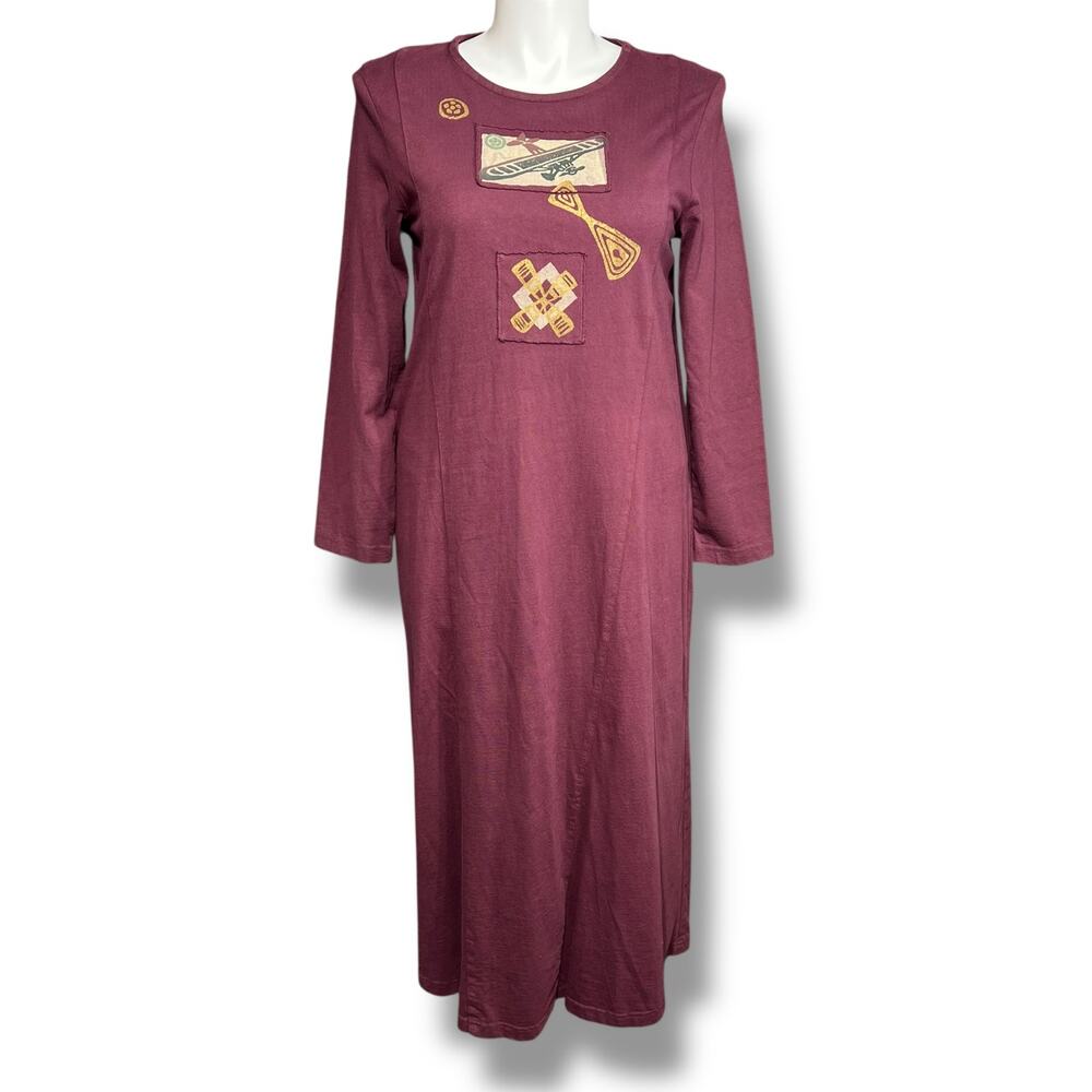 Vintage D Blue Large Cotton Maxi Dress Burgundy Applique Art To Wear Cottagecore